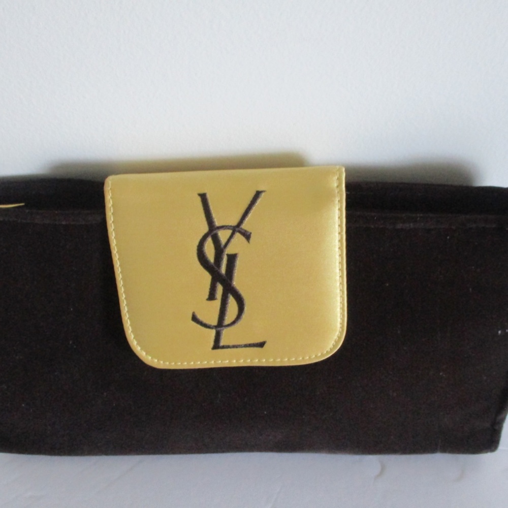 VINTAGE YVES SAINT LAURENT PARFUMS CLUTCH MAKEUP BAG BROWN VELVET & BEIGE SATIN